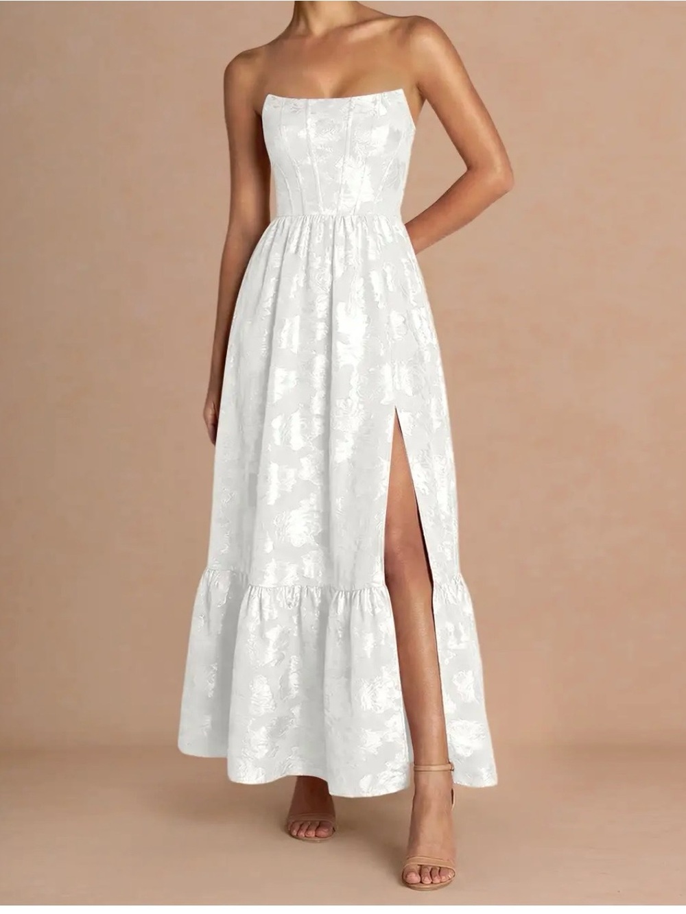 Strapless Off White Jacquard Maxi Dress with Side Slit and corset back
